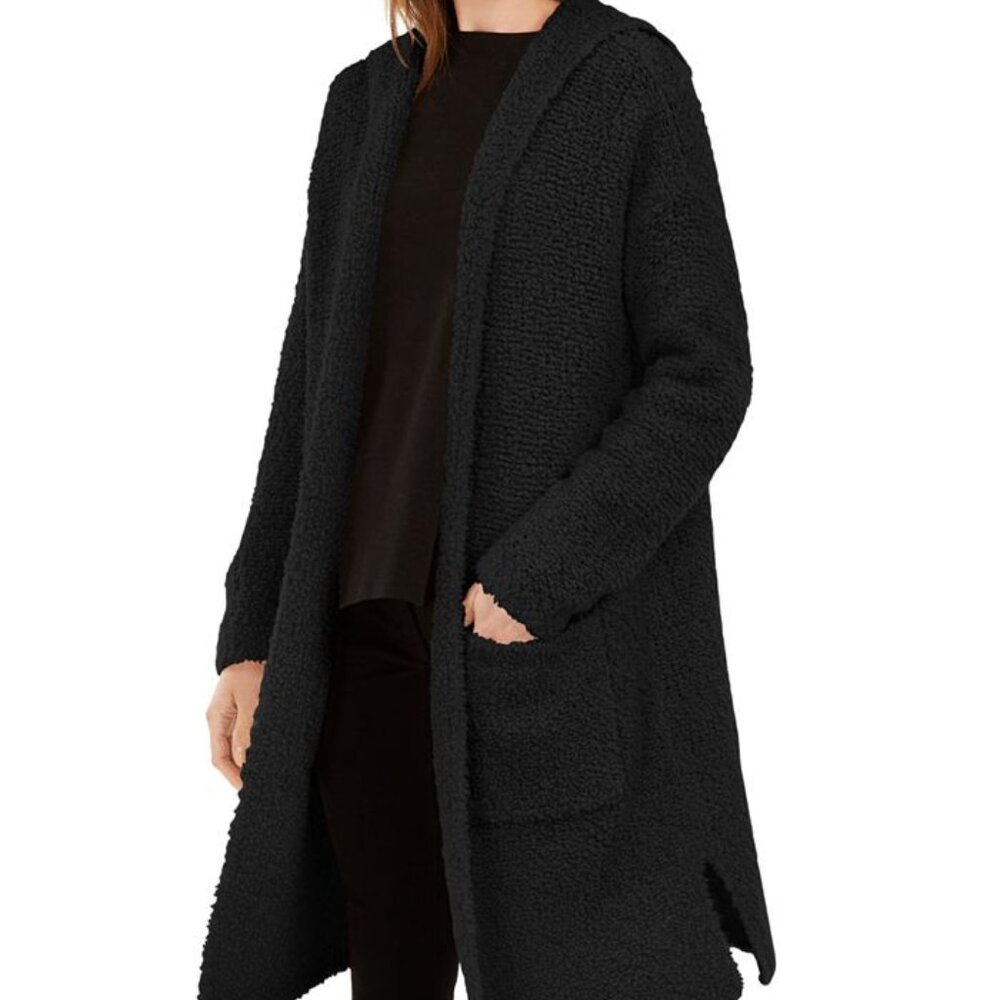 NWT Eileen Fisher Black Wool Blend Hooded Long Cardigan